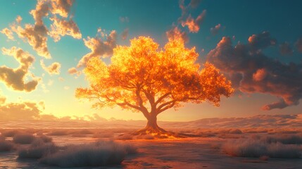 Obraz premium Radiant Golden Tree at Sunset with Dramatic Cloudy Sky