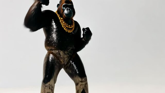 Cool 3D Gorilla Dances in Shiny Outfit and Gold Chains on White Background