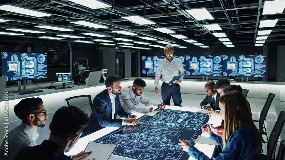 Aufkleber group discussion in a modern tech conference room with interactive digital displays