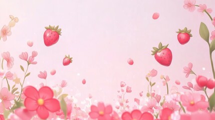 Pink background with a small strawberry and flower pattern border, flat illustration style, cute and dreamy, simple design