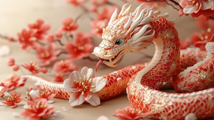Fototapeta premium A Stunning 3D Render Of A Red And Gold Chinese Dragon Coiled Amongst Delicate Pink Blossoms. It'S Elegant And Intricately Detailed, Evoking A Sense Of Peace And Celebration.