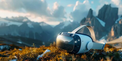 A modern virtual reality headset placed outdoors, reflecting a beautiful green valley and mountains, blending technology with nature.