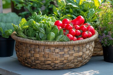 A bountiful basket filled with fresh vegetables showcases the joys of the gardening season in a vibrant vegetable patch setting.