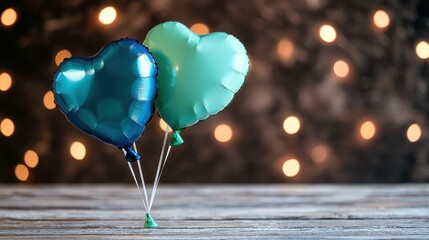 Two Heart Shaped Balloons in Blue and Green Against a Blurred Background with Warm Lights