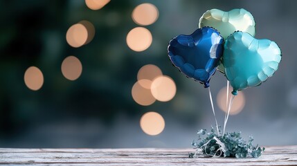 Two Heart Shaped Balloons in Shades of Blue and Green with Soft Focus Background Bokeh Effect