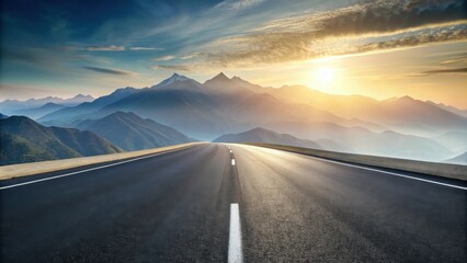 Naklejka premium Asphalt road leading to a majestic mountain range at sunrise