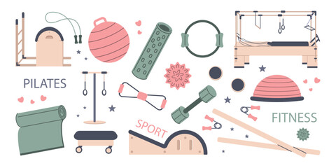 Vector set of Pilates and fitness equipment on a white background