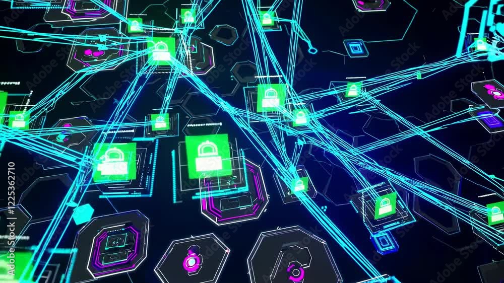 Poster exploring digital security through interconnected networks and data visualization techniques