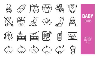 Set of 24 line icons related to baby, child care. Editable stroke. Vector illustration