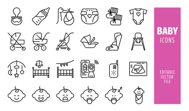 Set of 24 line icons related to baby, child care. Editable stroke. Vector illustration