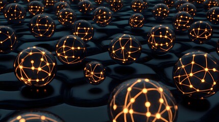 Futuristic Spheres with Glowing Networks on a Dark Surface
