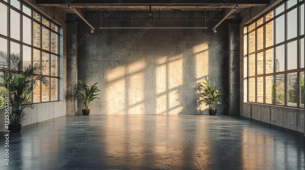 Aufkleber sunlight streams through large windows, casting a warm glow on a minimalist industrial space adorned