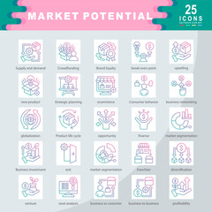 Market Potential icon set containing Supply and demand, Crowdfunding, upselling, new product, Strategic planning, ecommerce, Consumer behavior, business networking icon. Simple gradian vector
