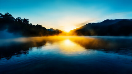 A serene sunrise over a calm lake, reflecting warm colors and surrounded by misty mountains, creating a tranquil scene.