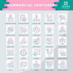 Commercial Ventures icon set containing competitive advantage, business partnership, business model, niche, Market penetration, angel investor, branding, outsourcing icon. Simplegradian vector