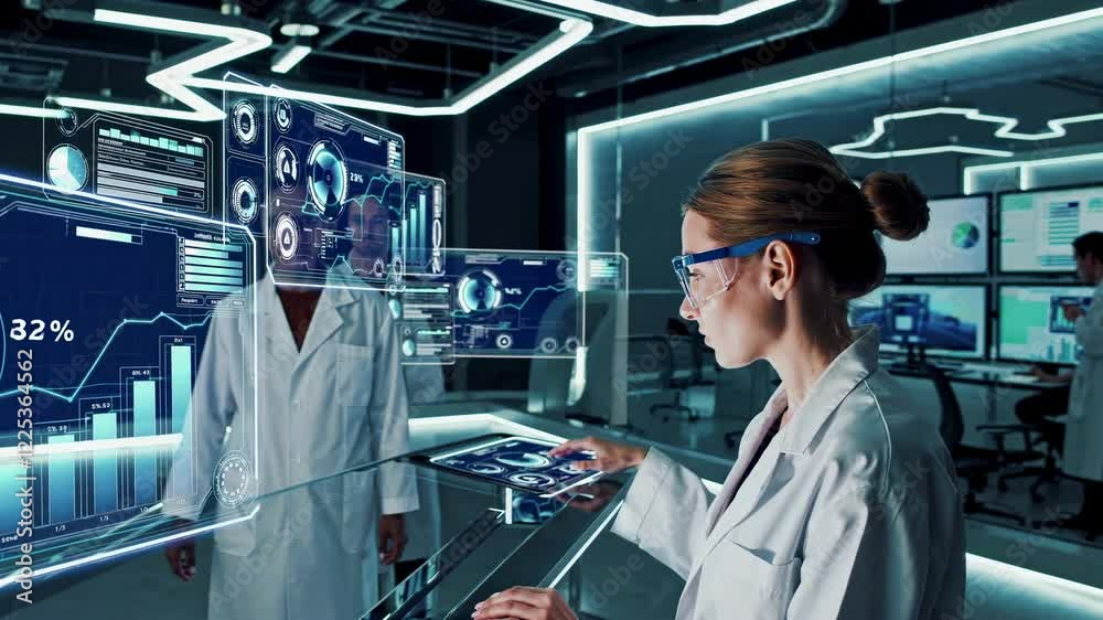 Poster scientists collaborate using advanced technology in a modern lab setting focused on data analysis an
