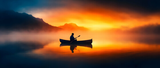 Naklejka premium A serene sunset over a calm lake with a person in a kayak, creating a perfect moment of tranquility and reflection.