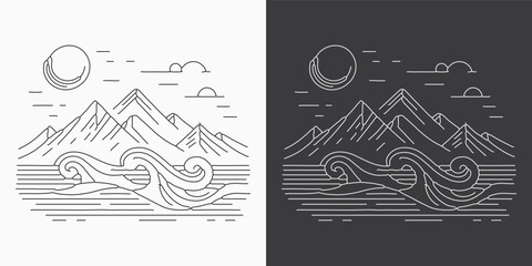 Contemporary mountain wave line art. Abstract vector illustrations highlighting elegant backgrounds with captivating mountain landscapes