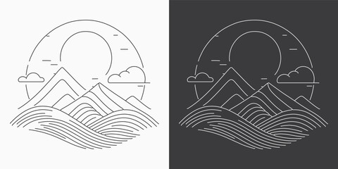 Mountain wave line art illustration. Minimalist vector artwork featuring contemporary backgrounds and awe-inspiring mountain landscapes