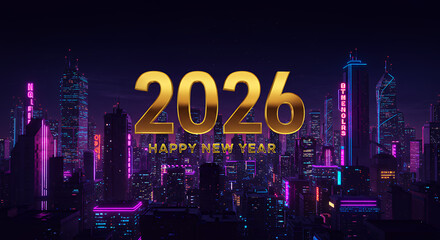 2026 Happy New Year Cyberpunk Cityscape - Neon Lights and Futuristic Buildings