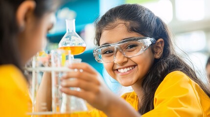 female student engaged in a hands-on chemistry experiment, showing the application of scientific principles in real-world learning. STEM 