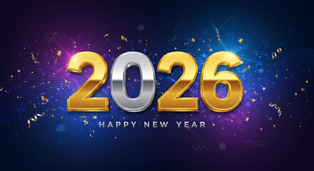 2026 Happy New Year: Glittering Gold and Silver Celebration Design