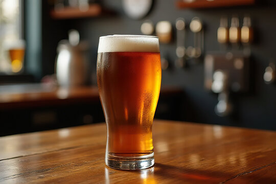 frosty pint of amber beer sits on wooden bar counter in cozy pub setting