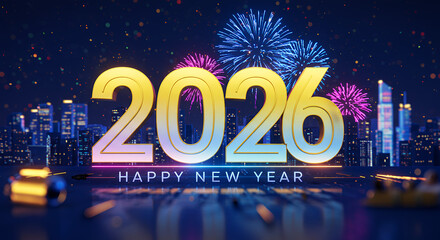 2026 Happy New Year Cityscape Fireworks 3D Render
