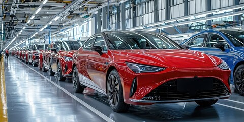 Obraz premium A car assembly line focusing on hydrogen-powered vehicles.