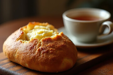 freshly baked bread roll filled with creamy butter served wooden board alongside cup of tea, creating cozy and inviting