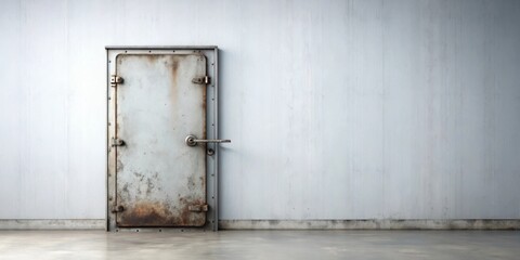 A weathered steel door stands against a pale wall, suggesting a forgotten room or hidden space