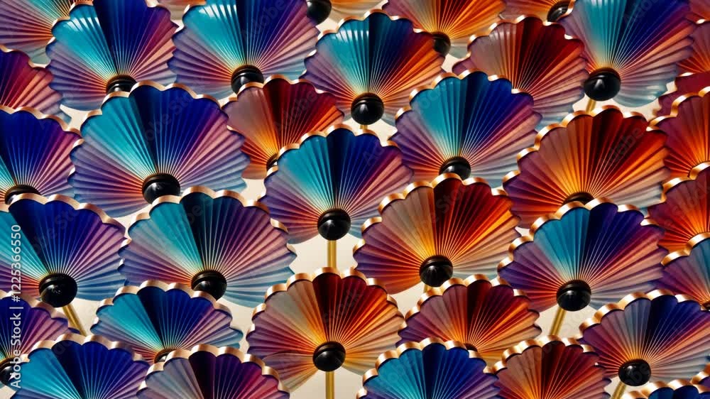 Poster a row of colorful flowers with a blue one in the middle. the flowers are in a row and are all differ