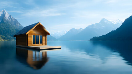 Fototapeta premium A serene wooden cabin floating on calm waters, surrounded by majestic mountains under a clear blue sky.