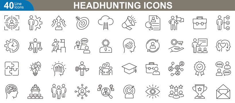 Headhunting and recruitment process icons set. Comprehensive collection for talent acquisition, HR management, candidate screening, firing solutions and more. Vector illustration