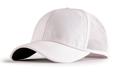 Fototapeta premium White trucker baseball cap with mesh back panels isolated on a clean white studio background.