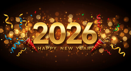 Happy New Year 2026 Gold Celebration Background with Confetti