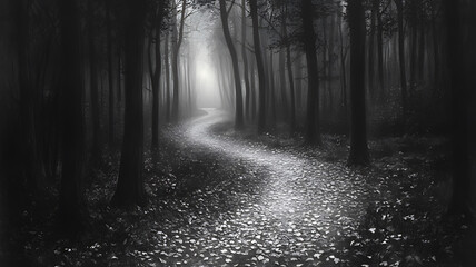 Obraz premium Winding path, foggy forest, mystical light, autumn leaves, monochrome, mystery, adventure, hope, nature, background