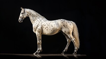 Fototapeta premium Elegant side profile of a spotted horse standing gracefully on a dark background, highlighting its distinctive patterns and form.