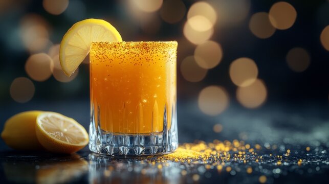 Fresh lemon cocktail with orange rim, garnished with lemon slice. Perfect for a refreshing summer drink idea.