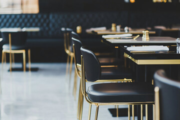 upscale dining venue with sleek furniture and striking black and gold decor