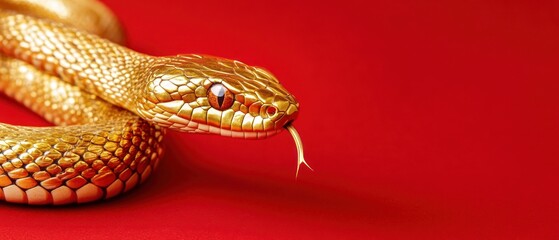 Obraz premium A Golden Snake, Detailed And Textured, Rests On A Vibrant Red Background. Its Scales Shimmer, Giving Off A Luxurious Vibe.