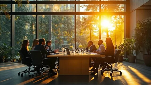 Business meeting takes place at sunset in modern office with large windows and vibrant natural light