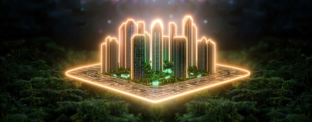 Futuristic Smart City Blueprints of A futuristic skyline glowing amid a forest, showcasing modern architecture blending seamlessly with nature's beauty.