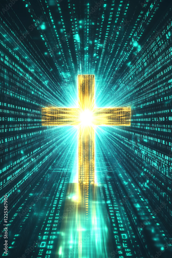 Poster glowing golden cross in a digital blue matrix environment, representing the fusion of technology and