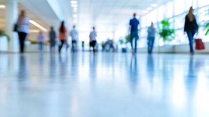 Blurred People Walking in Spacious Interior with Modern Architecture Abstract Background.