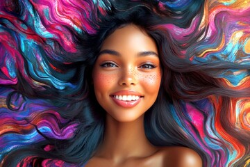 Commercial ad idea. Pretty happy black girl - for ads, billboard ad and internet use. Long hairdo - beach waves hair. Chic black advertising photography concepts. Stylish black fashion.