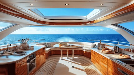 Fototapeta premium Luxury Yacht Interior Ocean View Kitchen with Skylight, Wooden Furnishings, and Open Design.