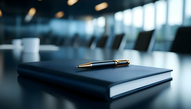 A sleek black notebook and pen on a polished conference table in a modern office setting, ideal for creativity.