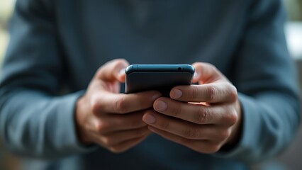 Mockup, man's hands holding mobile phone with finger touching on blank screen. Woman using smartphone, looking at the screen, overhead shot