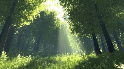 Obraz premium Sunbeams Illuminate Lush Green Forest Canopy
